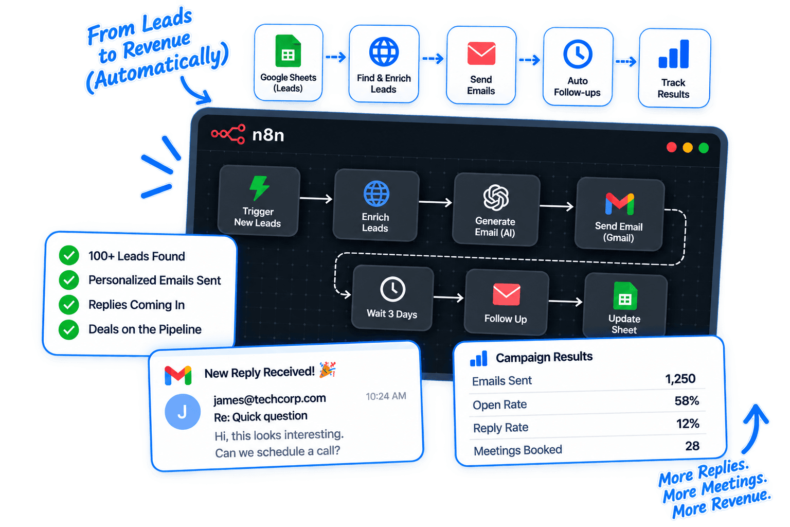 Cold Outreach Automation workflow showing lead research, AI personalization, email sending, follow-up and reply tracking